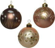 PALLINA DI NATALE IN VETRO MARRONE CON DECORAZIONE FIORI ASSORTITA 8CM