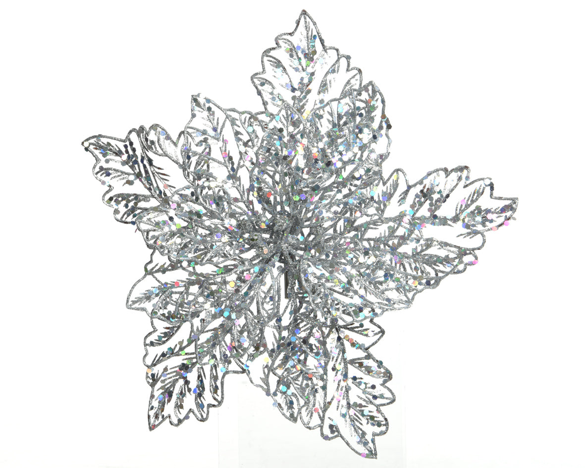 OFFERTA 6 POINSETTIA APPENDIBILE CON CLIPS 23.5 X 10 CM CON GLITTER ARGENTO