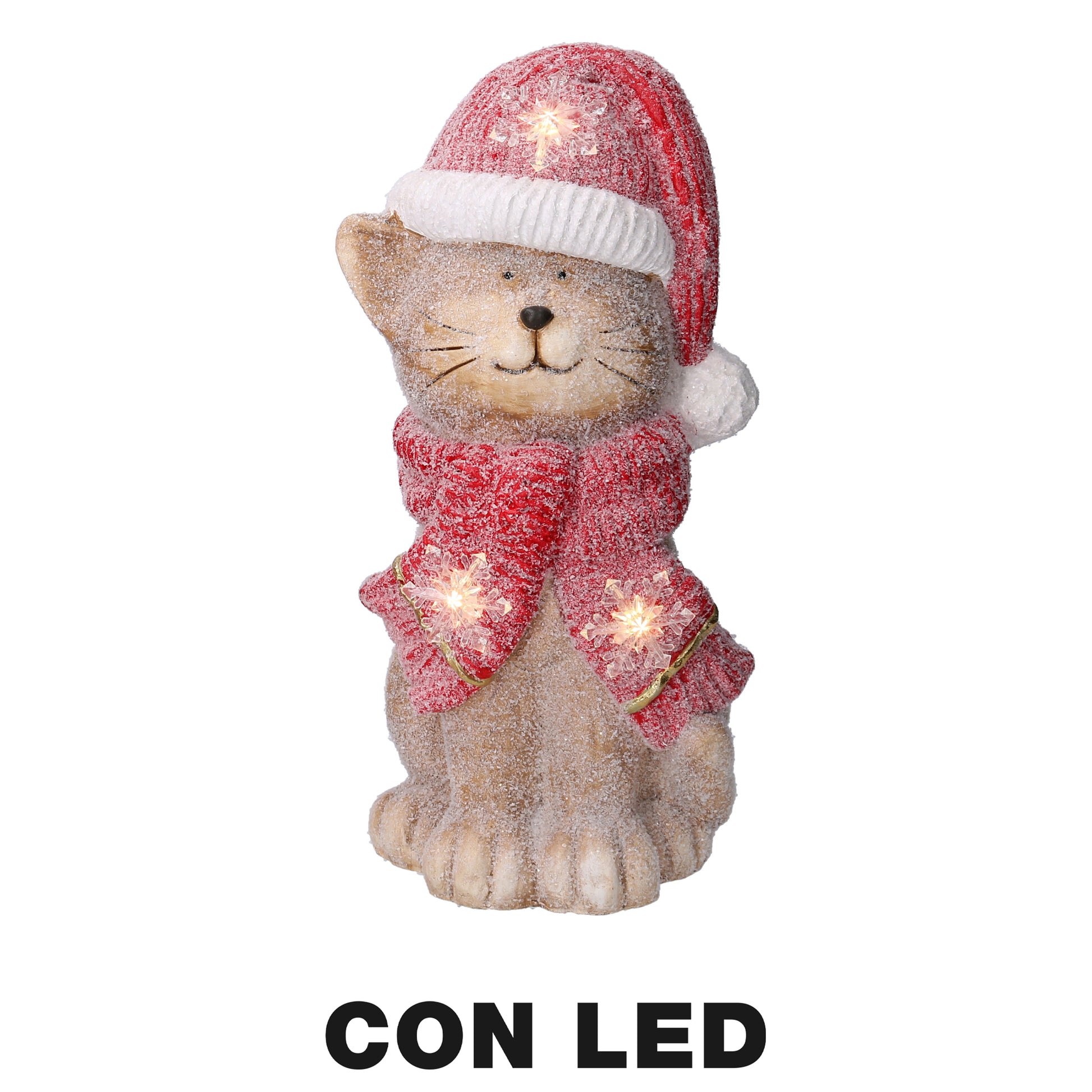 GATTO IN RESINA CON CAPPELLO ROSSO E LUCI LED 19,5X18,5H40CM