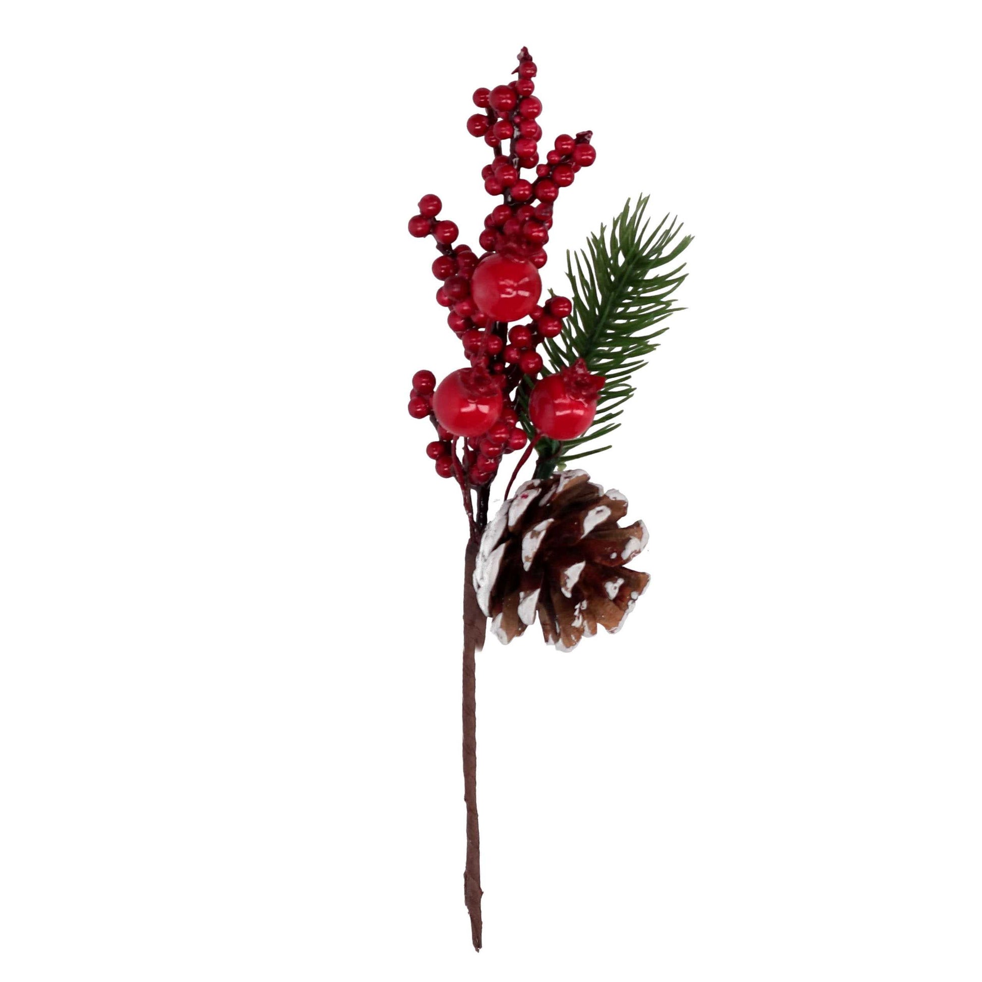 PICK RAMETTO CON PIGNA INNEVATA E BACCHE ROSSE 10X22CM