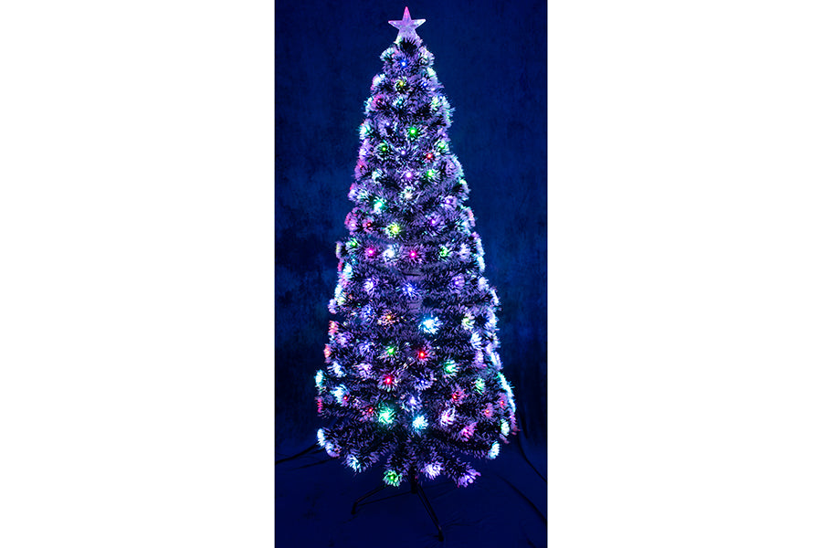 ALBERO LUMINOSO CON RAMI INNEVATI IN FIBRA OTTICA 220 LED MULTICOLOR E FIORI LUMINOSI H180CM