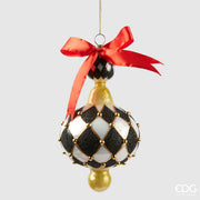 PALLINA DI NATALE A FORMA DI TROTTOLA DECORATA A SCACCHI, H15XØ8CM, BIANCO E NERO