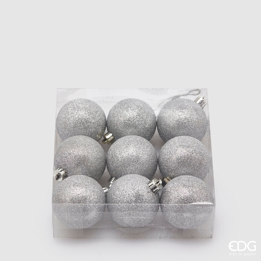 9 PALLINE ARGENTO GLITTER 6CM