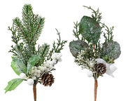 DECORAZIONE NATALIZIA, RAMO CON PIGNE, EFFETTO INNEVATO, H22 CM