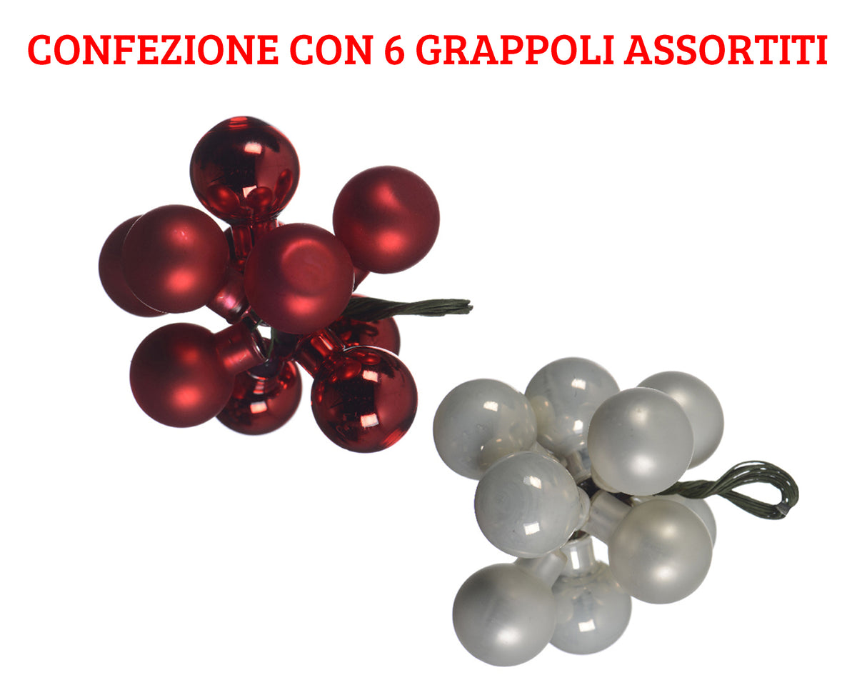 6 GRAPPOLI DI PALLINE 10 PZ DA 2CM BIANCO/ROSSO ASSORTITI