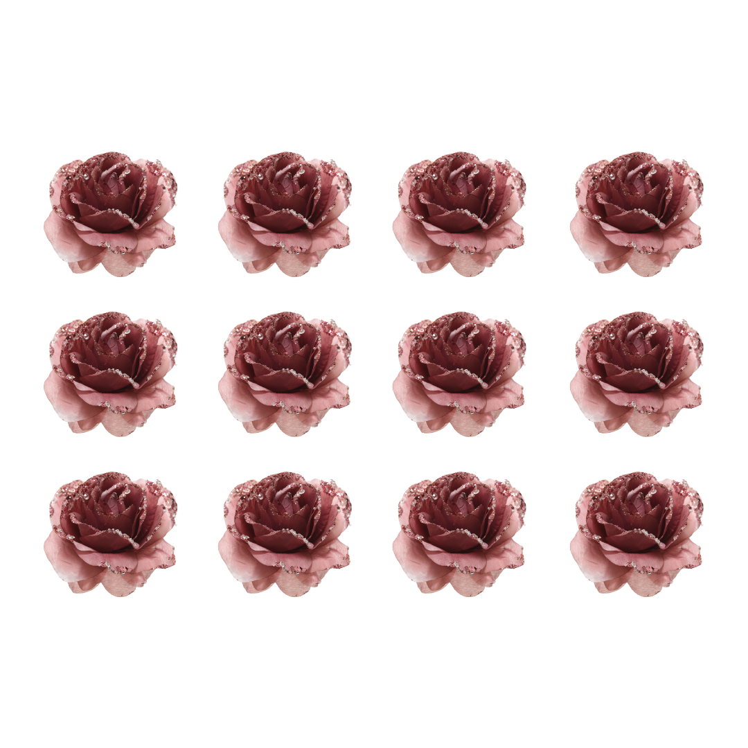 OFFERTA 12 ROSE CON CLIP E GLITTER 14X8,5CM COLORE ROSA VELLUTO