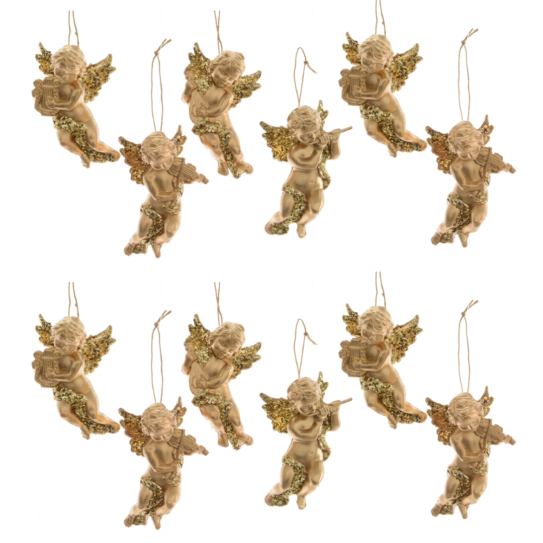 OFFERTA 12 ANGIOLETTI CON GLITTER DA APPENDERE 10CM ORO MODELLO ASSORTITO