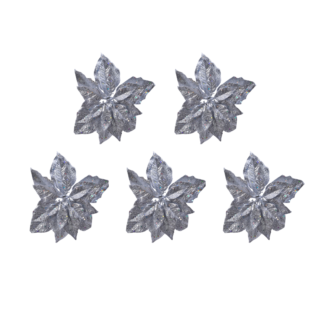 OFFERTA 5 POINSETTIE CON CLIP E GLITTER 23X7CM ARGENTO