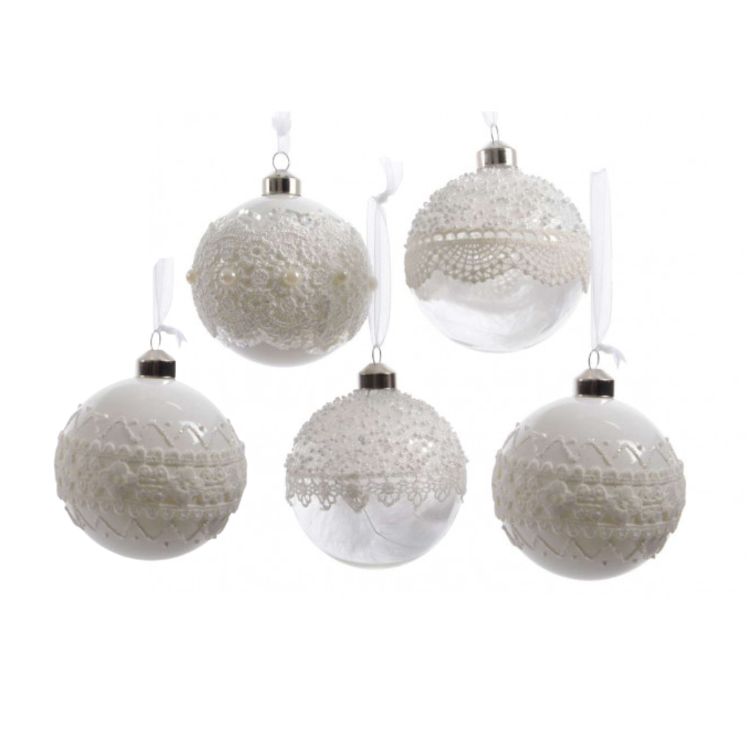 OFFERTA 5 PALLINE DI NATALE 8CM BIANCO CON PIZZO MODELLO ASSORTITO