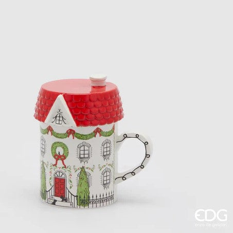 TAZZA A FORMA DI CASETTA IN CERAMICA, H13XØ9CM, VERDE E ROSSO