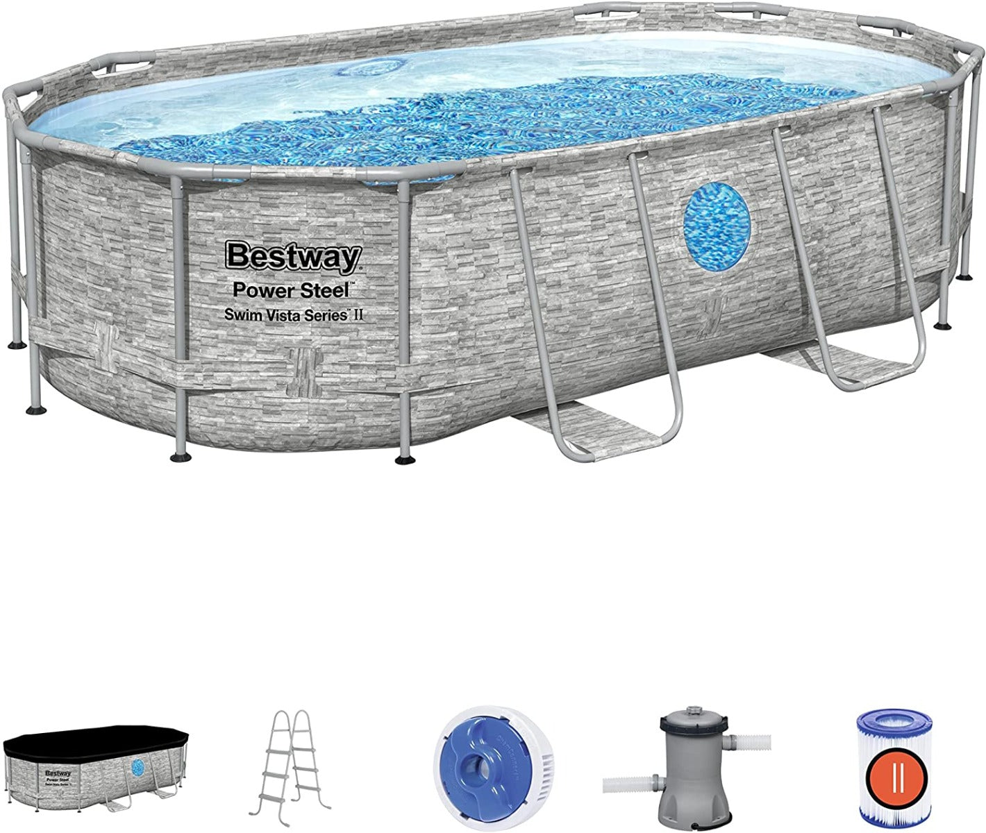 PISCINA OVALE SWIM VISTA II 427X250X100CM CON POMPA FILTRO SCALETTA E TELI COPERTURA