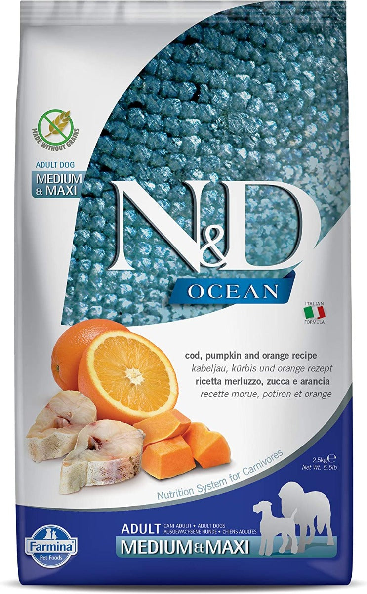 CROCCHETTE PER CANI N&D GRAIN FREE MERLUZZO, ZUCCA E ARANCIA 2,5 KG ADULT MEDIUM/MAXI