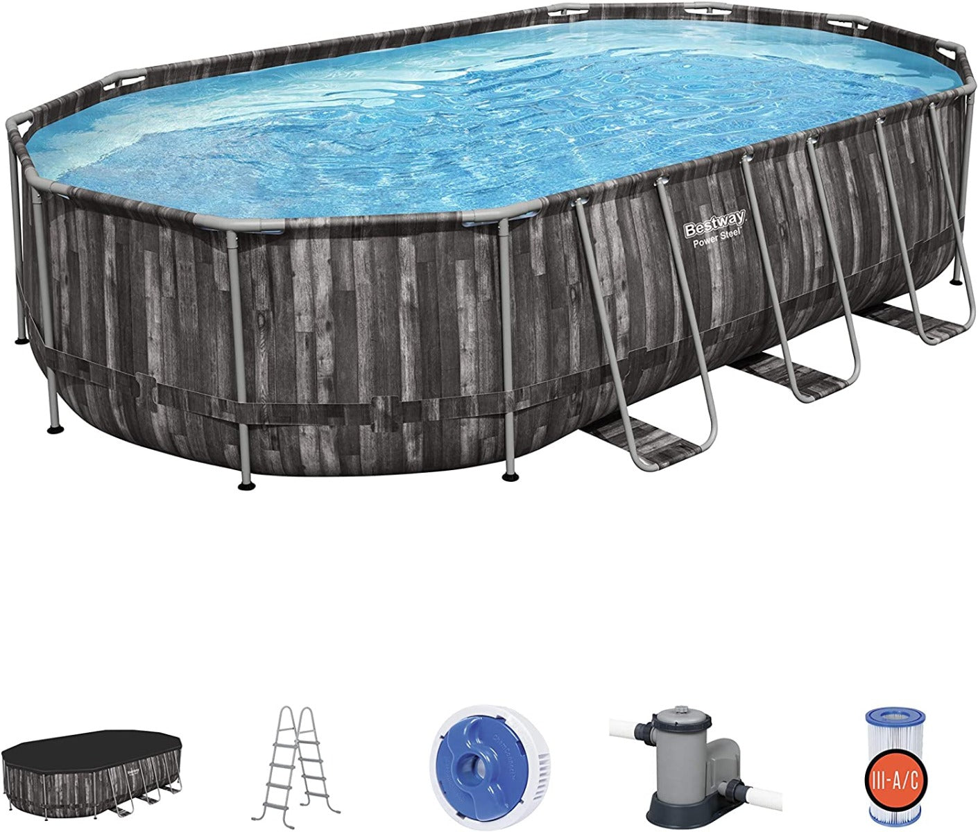PISCINA RETTANGOLARE POWER STEEL 610X366X122 CON POMPA FILTRO SCALETTA