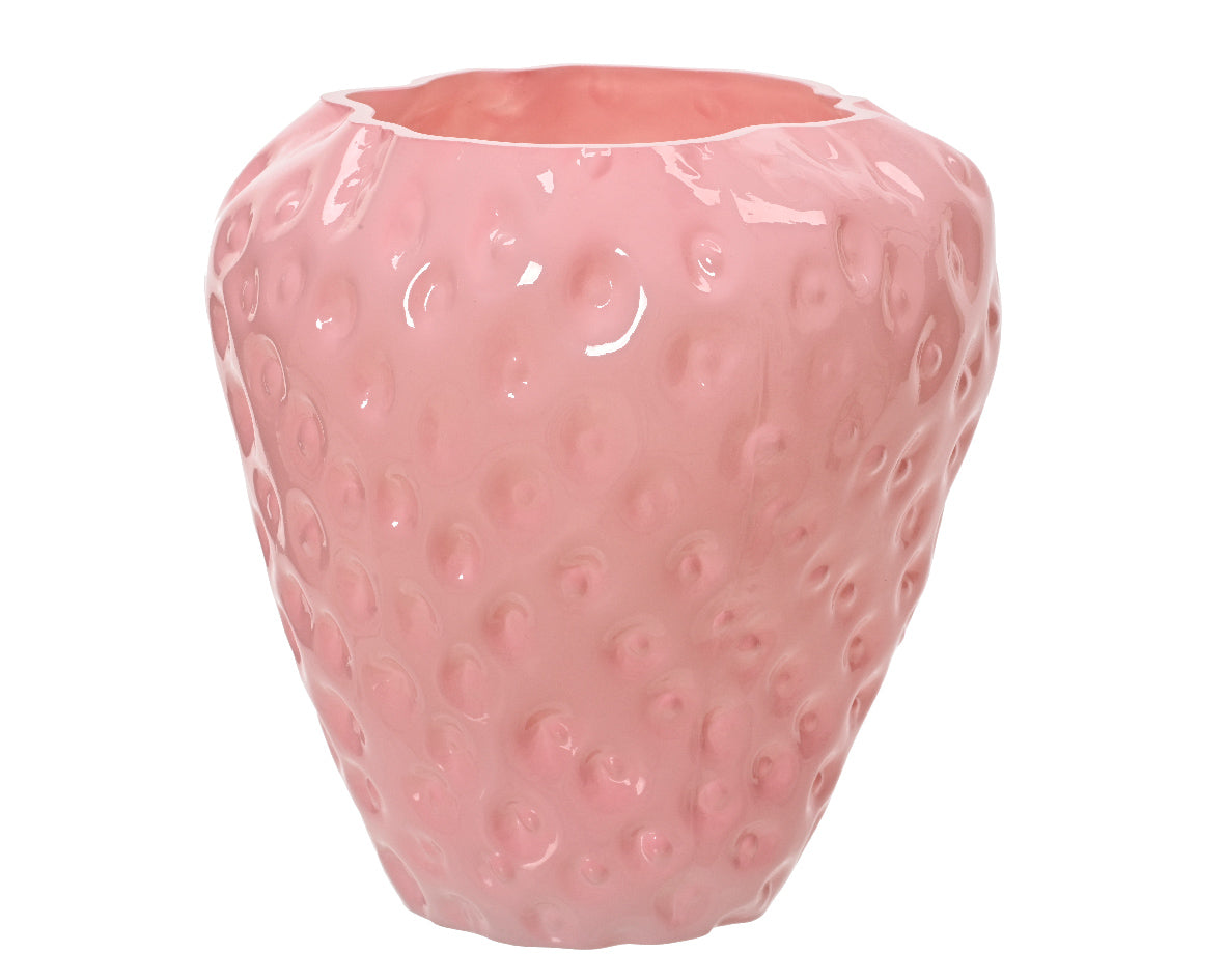 VASO IN VETRO D19CM A FORMA DI FRAGOLA ROSA