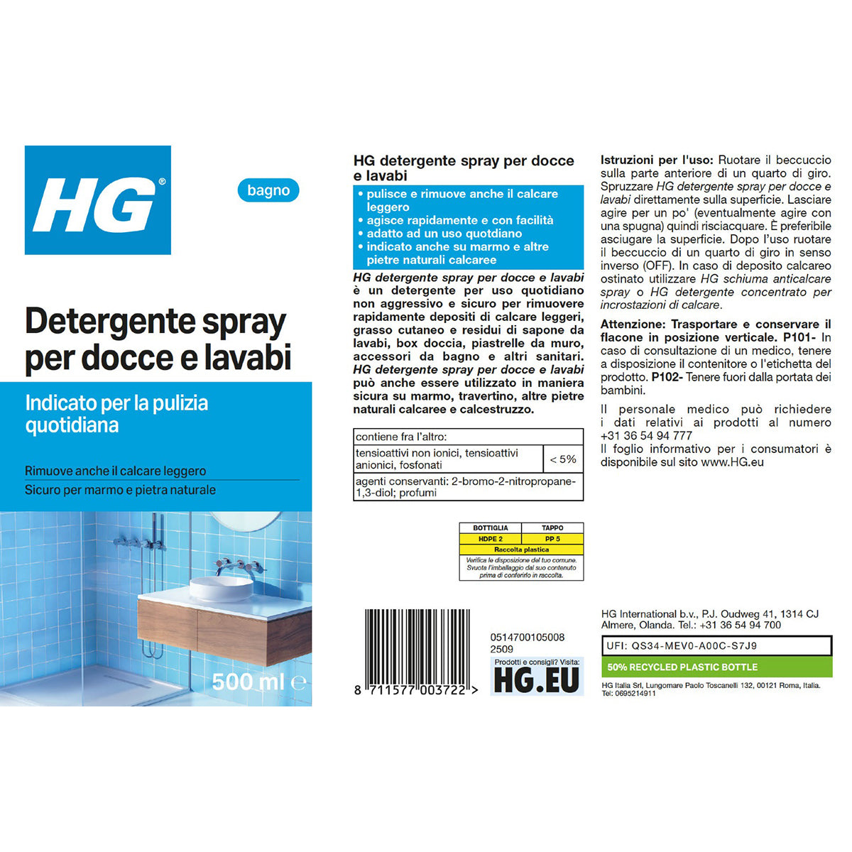 HG DETERGENTE SPRAY PER DOCCE E LAVABI 500 ML