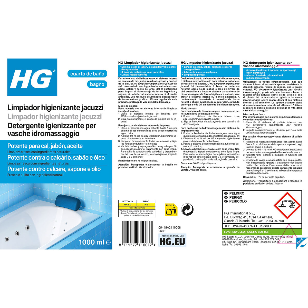 Nettoyant désinfectant HG pour baignoires Whirlpool 1 L