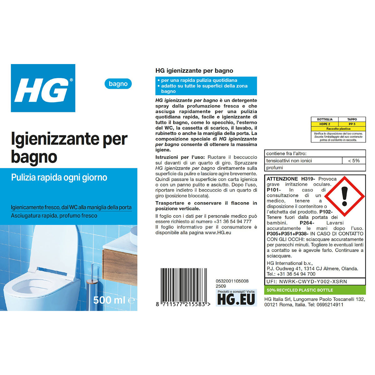 Spray désinfectant pour salle de bain à usage quotidien 500 ml