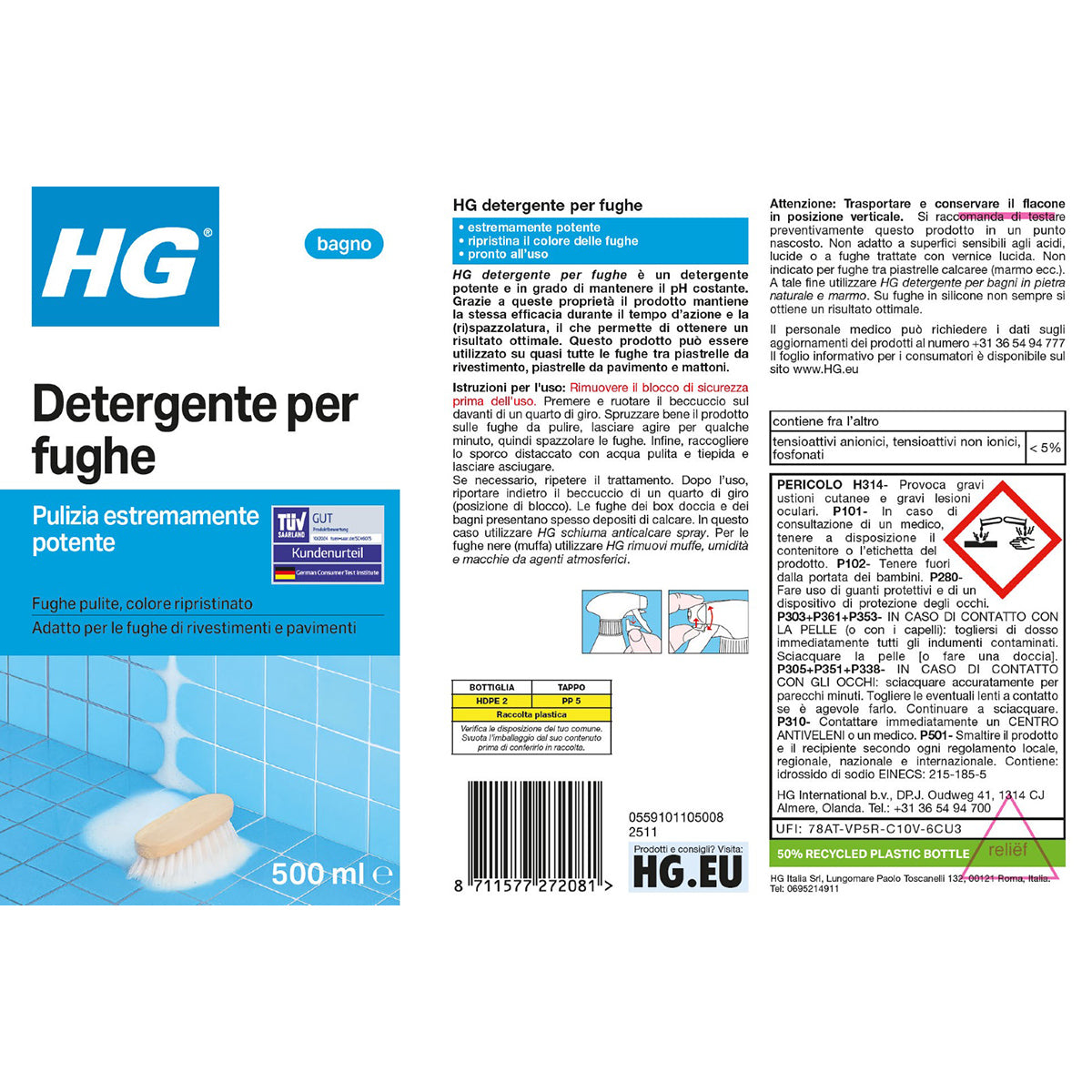 HG DETERGENTE PER FUGHE PIASTRELLE PRONTO USO 500ML