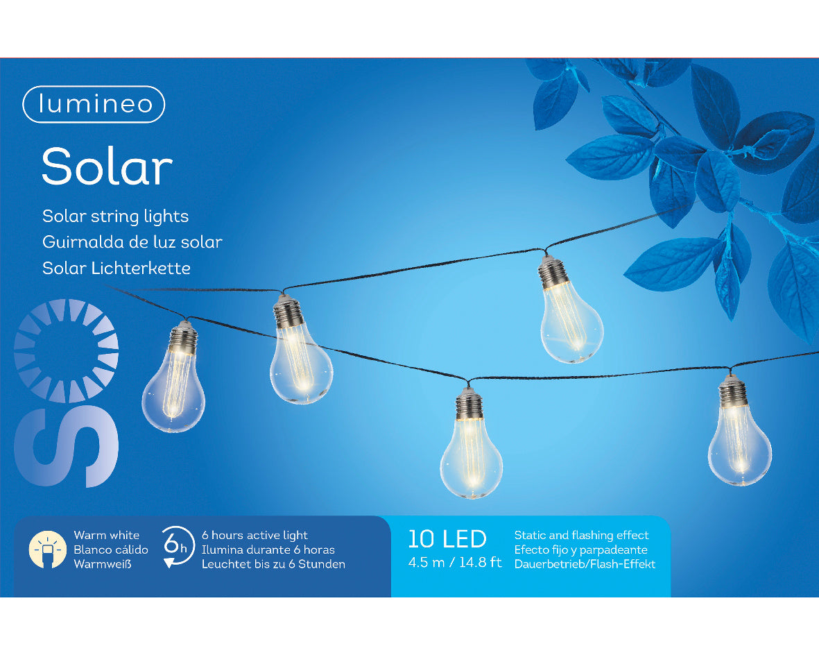 CATENA SOLARE LUMINOSA CON LAMPADINE TRASPARENTI 4.5 METRI