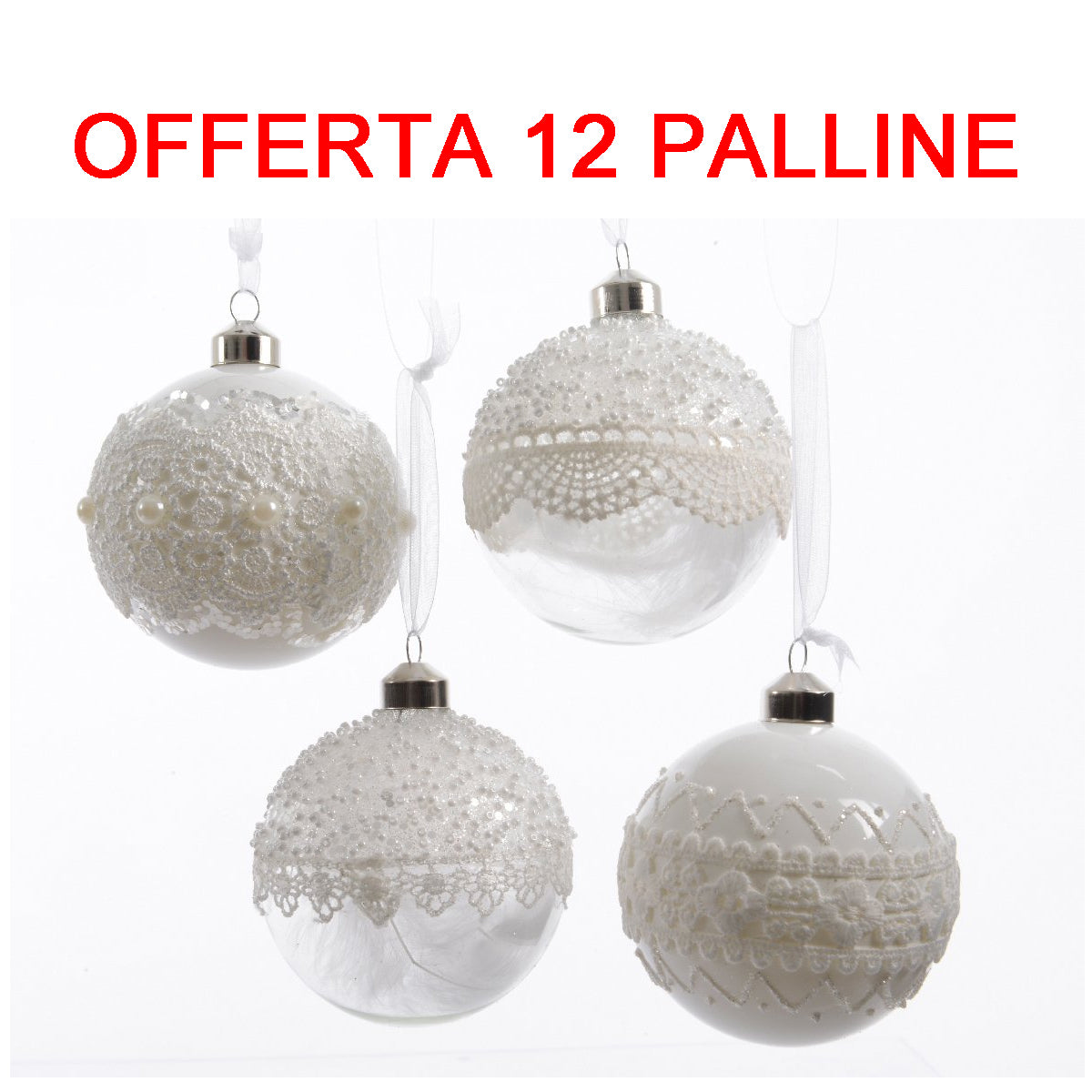 OFFERTA 12 PALLINE DI NATALE 8CM BIANCO/TRASPARENTE CON PIZZO ASSORTITA