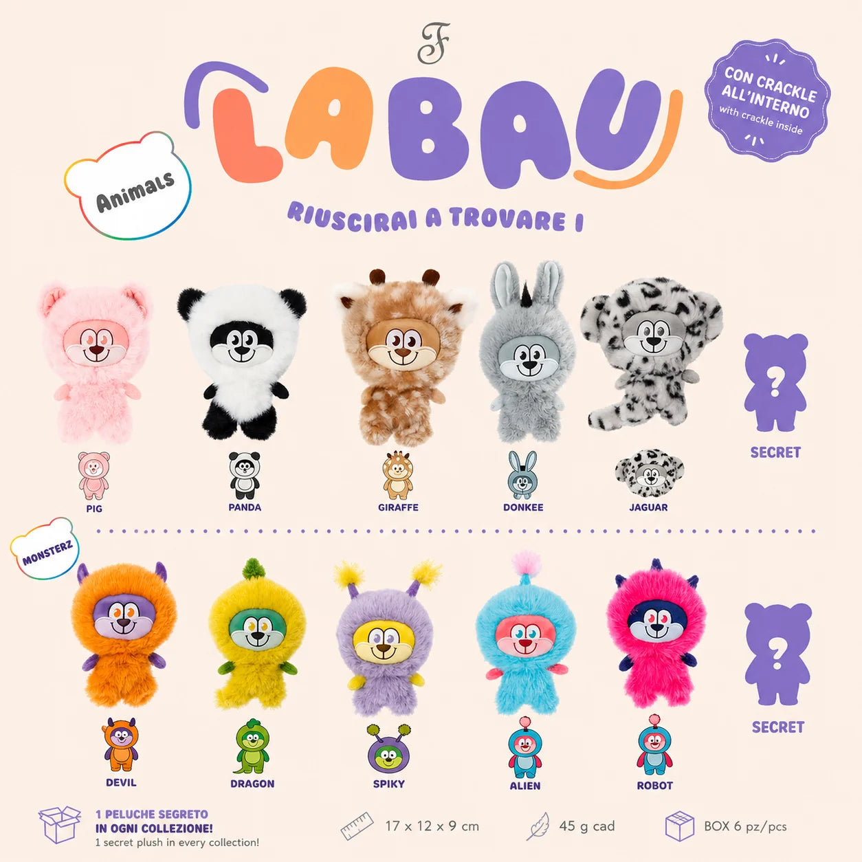 Peluche Labau Animal / Monsterz 15x10x7cm modello a scelta