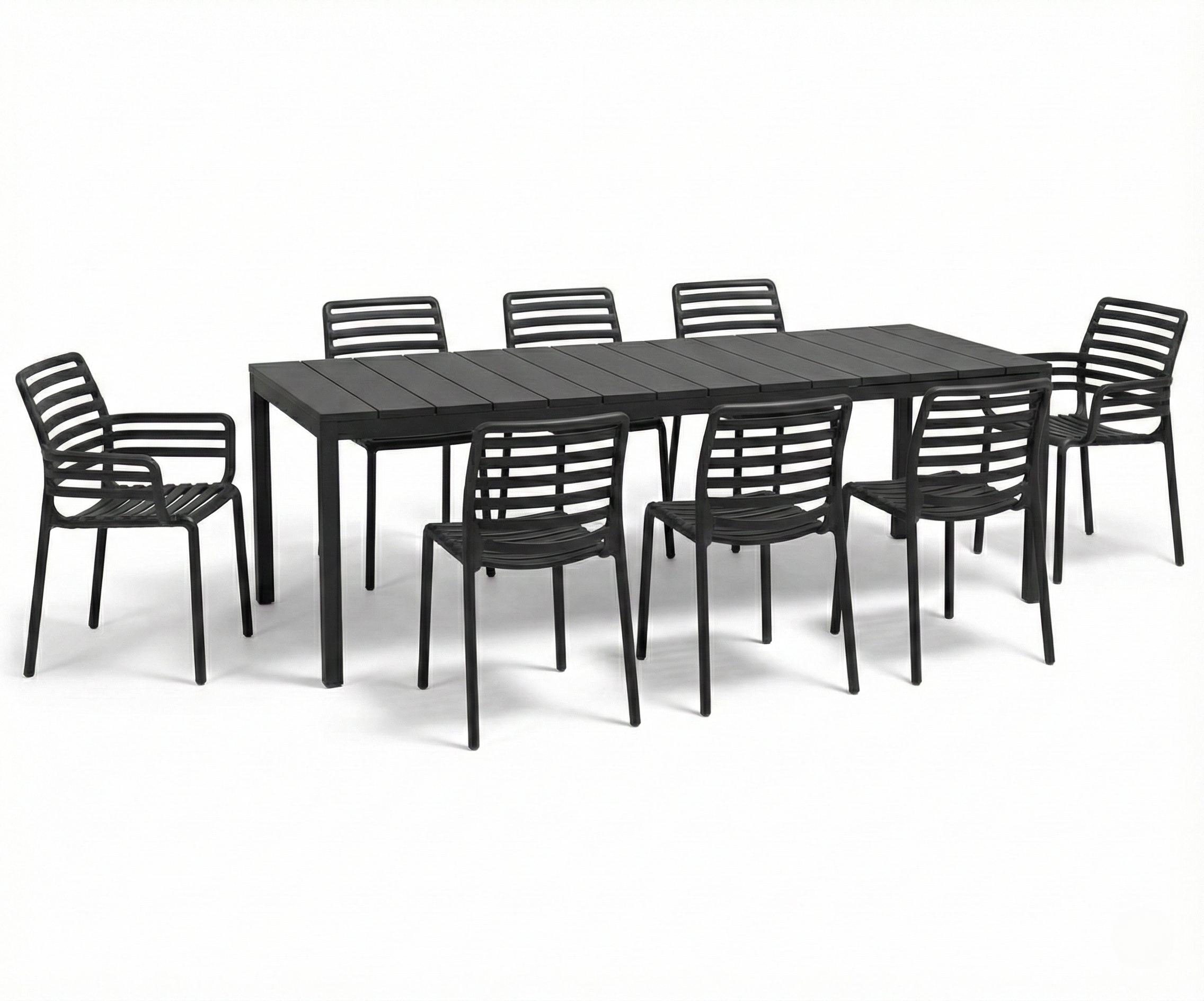 ANGEBOT: Ausziehbarer Tisch Rio 210/280 cm Anthrazit + 6 Stühle + 2 Sessel mit anthrazitfarbenen Latten