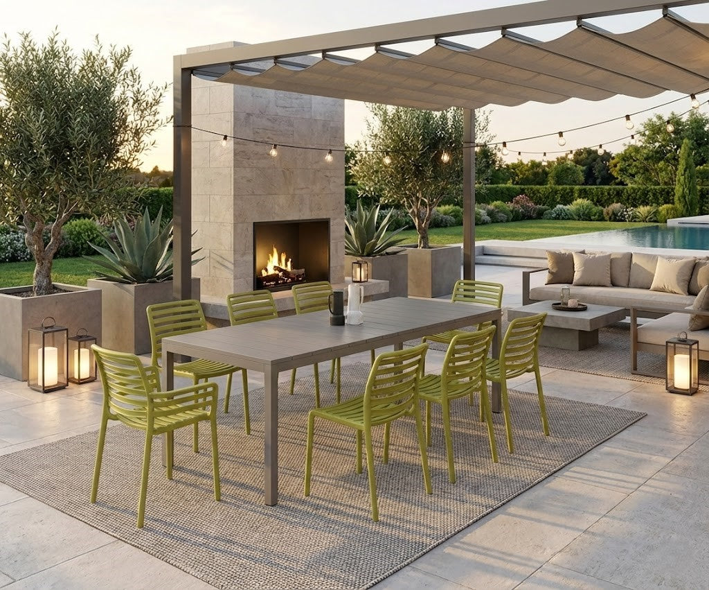 ANGEBOT: Ausziehbarer Tisch Rio 210/280 cm, Taubengrau + 6 Stühle + 2 Sessel mit gelbem Hundegestell