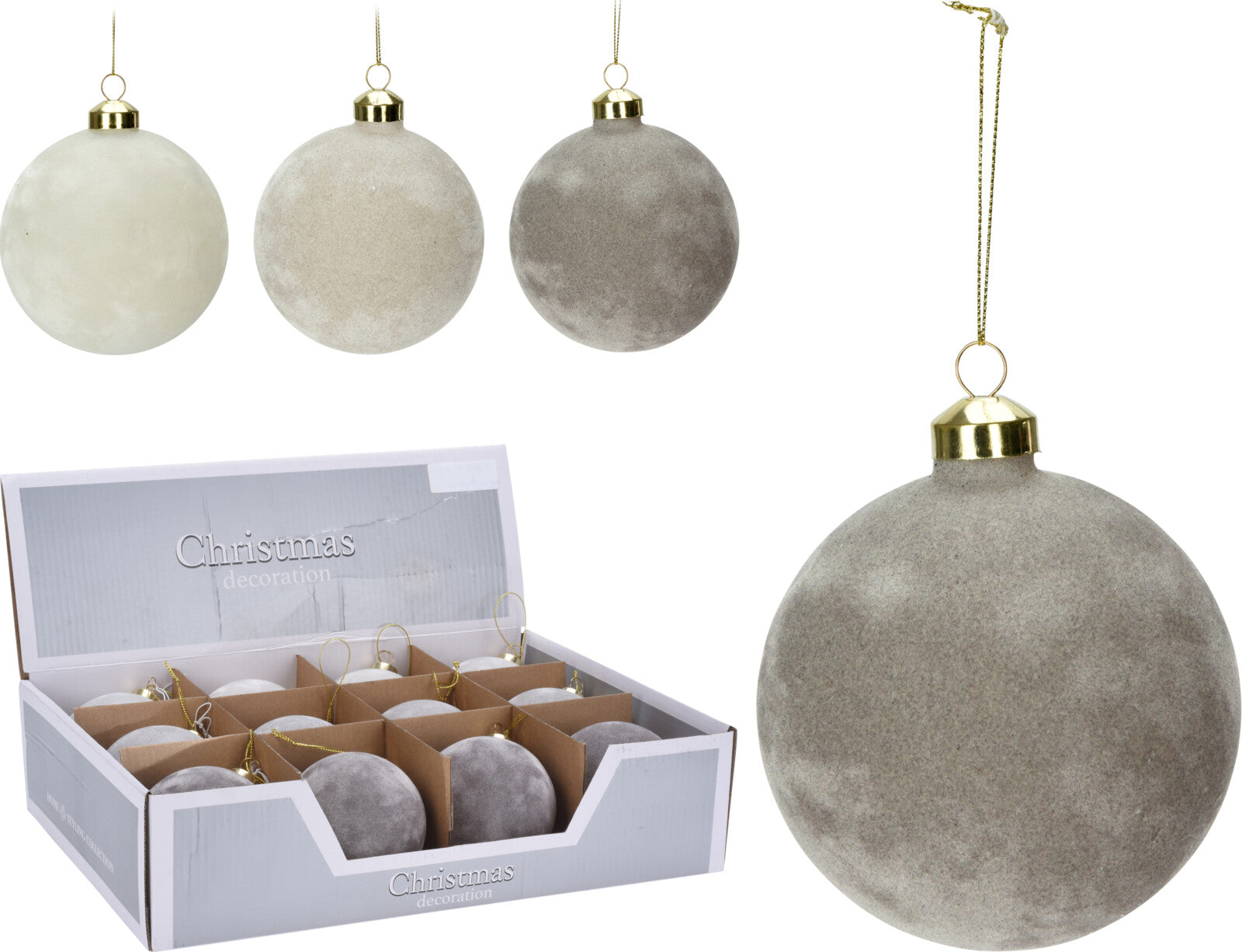 OFFERTA 12 PALLINE IN VETRO E VELLUTO GRIGIO/PERLA 8CM ASSORTITE