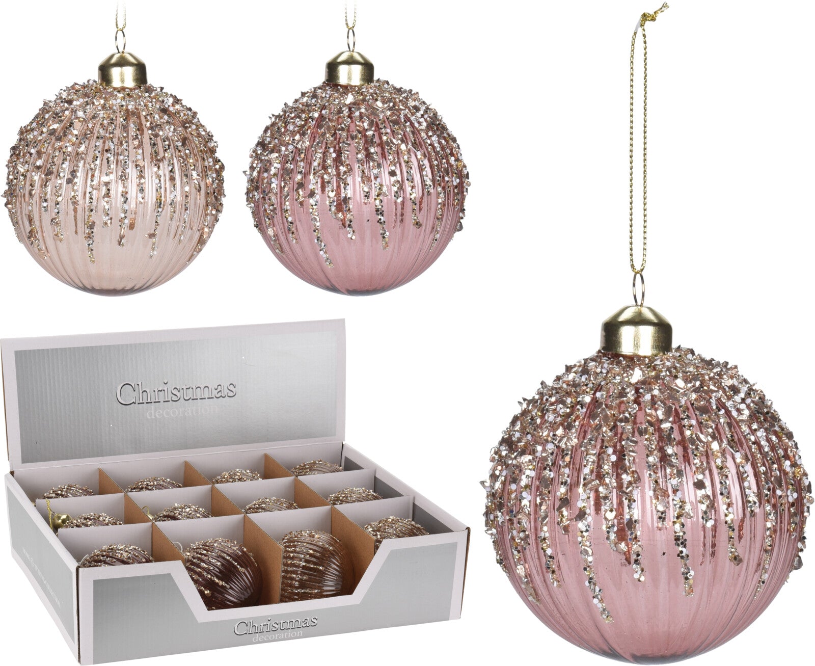 OFFERTA 6 PALLINE IN VETRO ROSA EFFETTO GHIACCIATO 8CM ASSORTITE