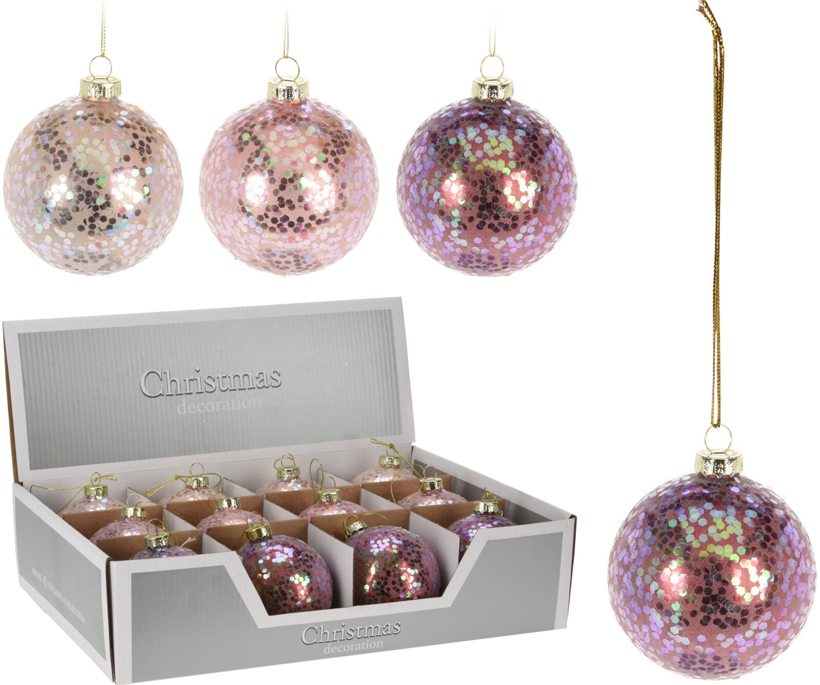PALLINA DI VETRO GLITTERATA 8CM ROSA ASSORTITA