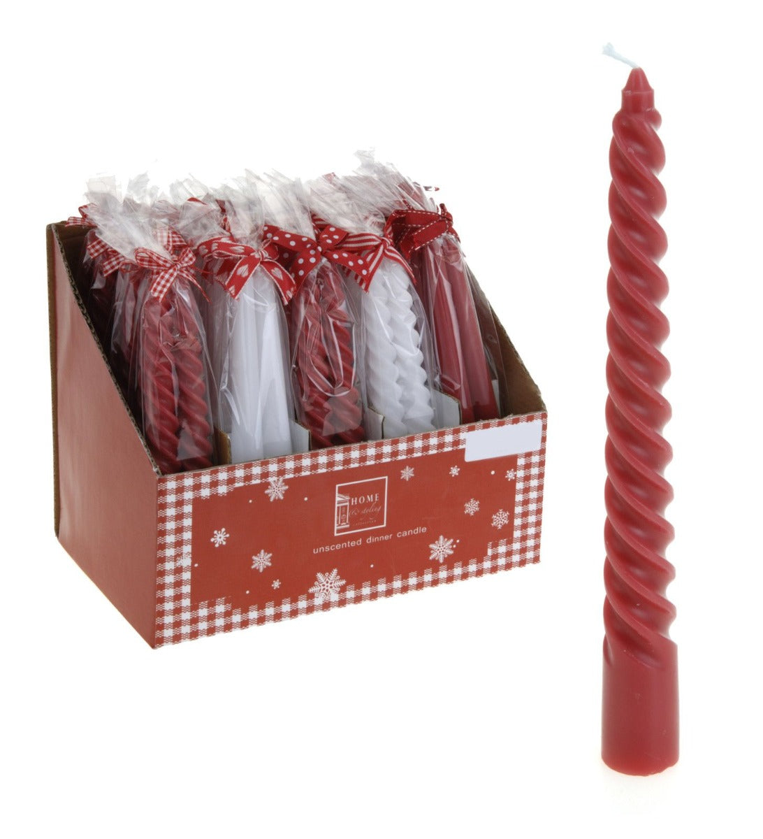OFFERTA 12 CANDELE ROSSE/BIANCHE 22CM CERATE A FORMA DI TORCIGLIONE