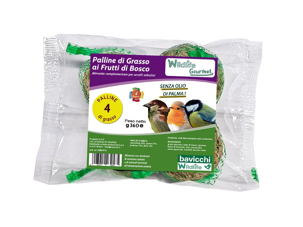 PALLE DI GRASSO AI FRUTTI DI BOSCO MANGIME 4X90GR PER UCCELLI SELVATICI ALTA QUALITA'