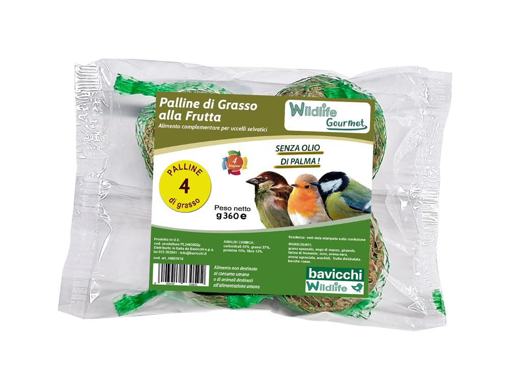PALLE DI GRASSO ALLA FRUTTA MANGIME 4X90GR PER UCCELLI SELVATICI ALTA QUALITA'