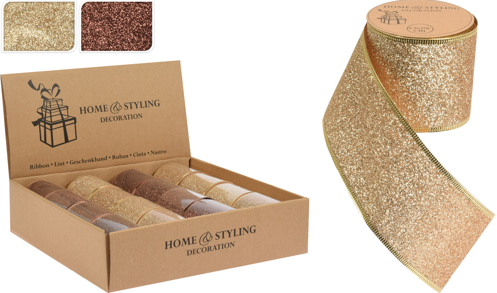 OFFERTA 3 NASTRI GLITTER ORO/RAME PER PACCHI REGALO 6X270CM ASSORTITI