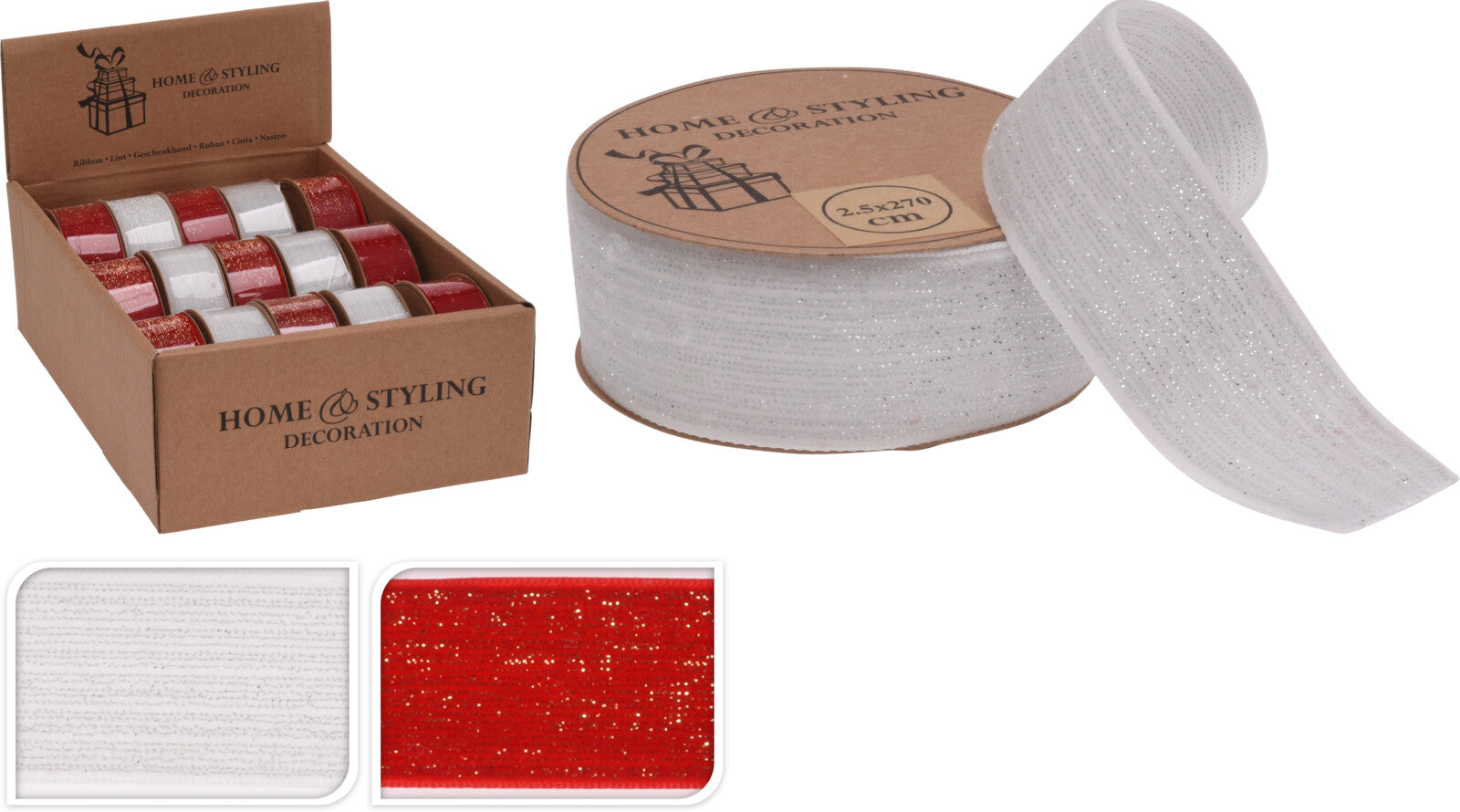 OFFERTA 3 NASTRI GLITTER ROSSO/BIANCO PER PACCHI REGALO MM25X2,7MT ASSORTITI