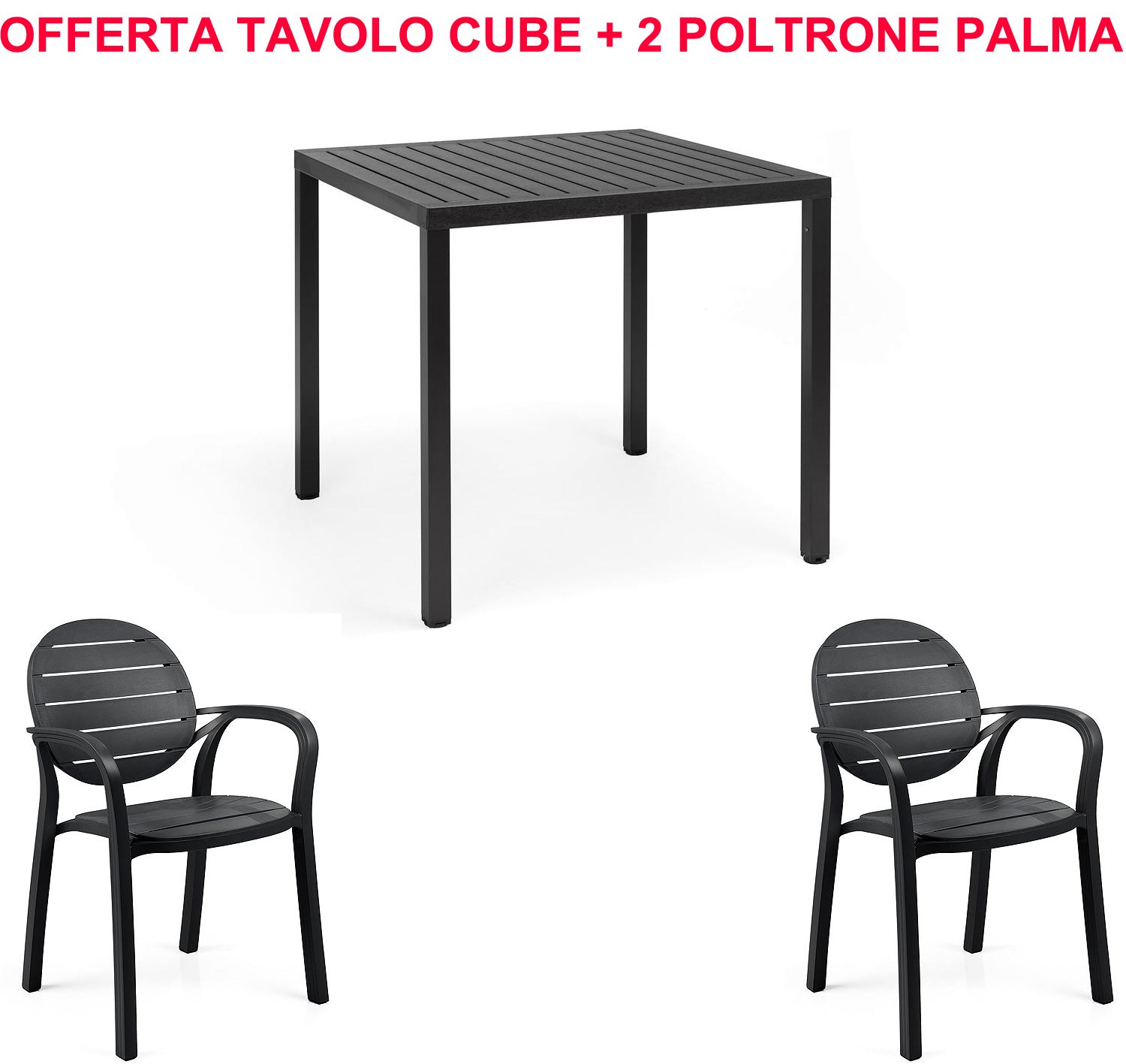 OFFRE : TABLE CUBE 80X80 + 2 CHAISES PALMA, COULEUR AU CHOIX