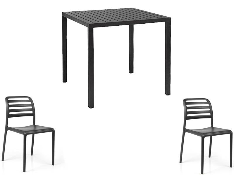 OFFRE : TABLE CUBE 80X80 + 2 CHAISES DE BISTROT COSTA, COULEUR AU CHOIX
