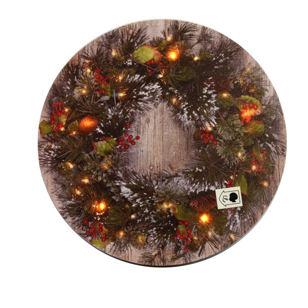 QUADRO NATALIZIO TONDO CON GHIRLANDA INNEVATA 30X30X1.8CM CON MICROLED BIANCO CALDO