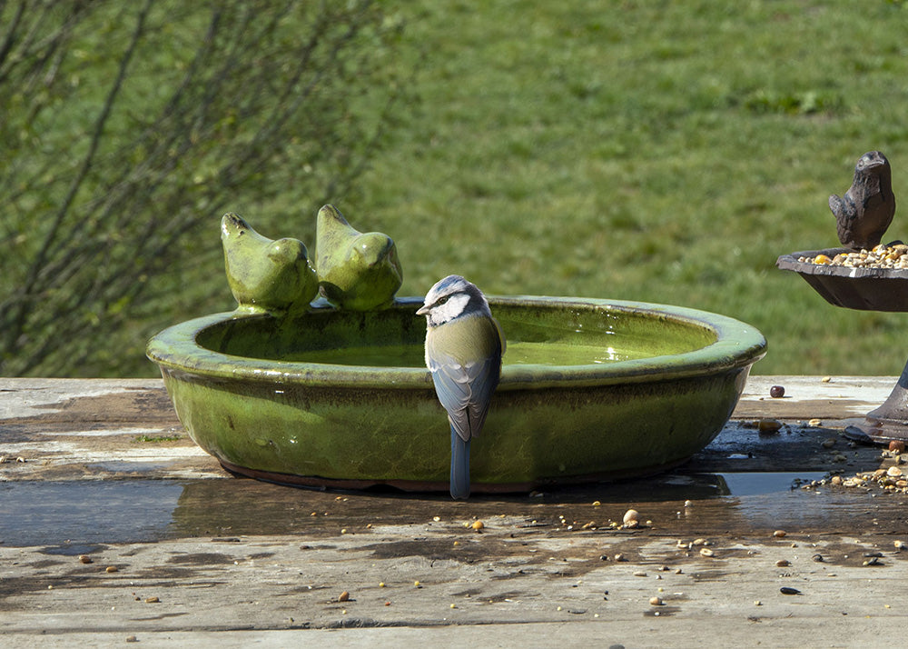 BAGNETTO TONDO VERDE CON UCCELLINI IN CERAMICA