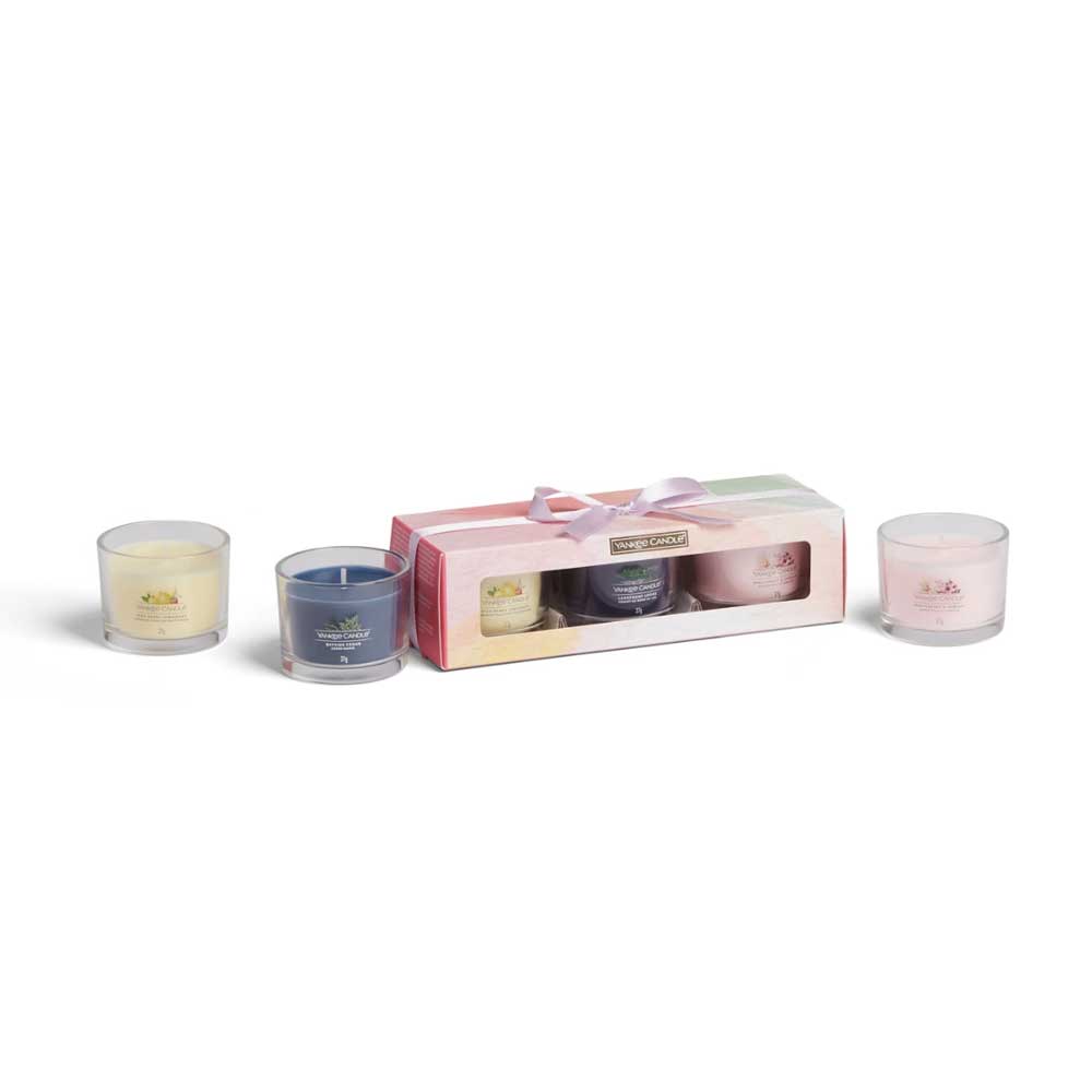 CONFEZIONE REGALO 3 CANDELE VOTIVE IN VETRO