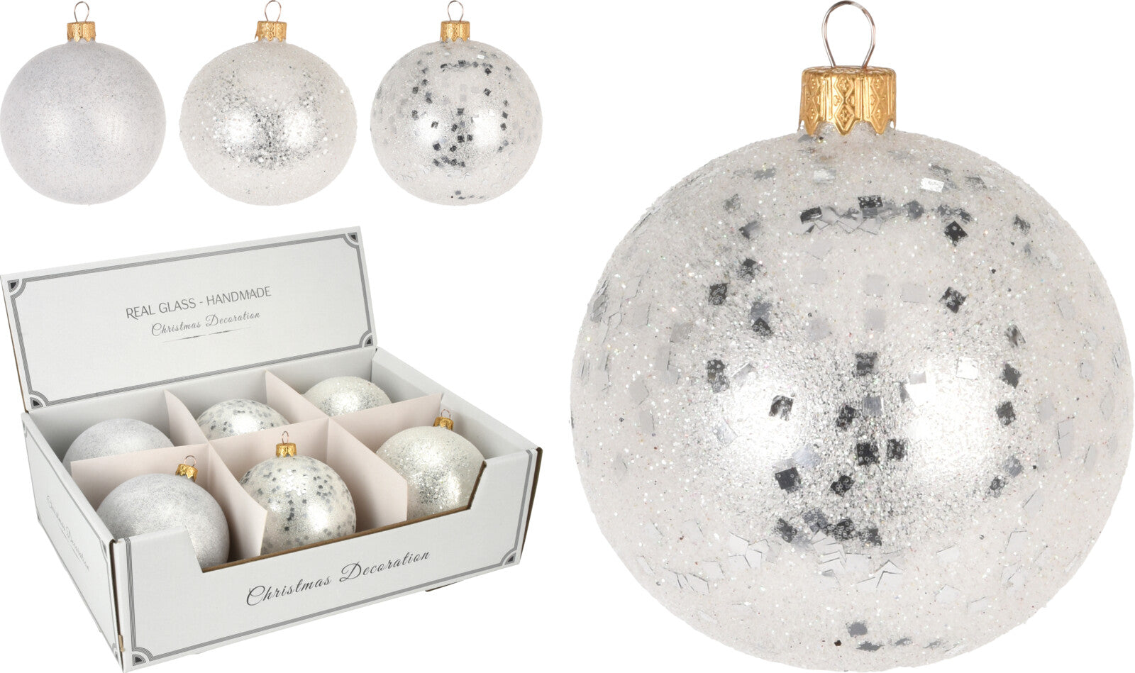 PALLINA DI VETRO CON GLITTER 10CM BIANCO ASSORTITA
