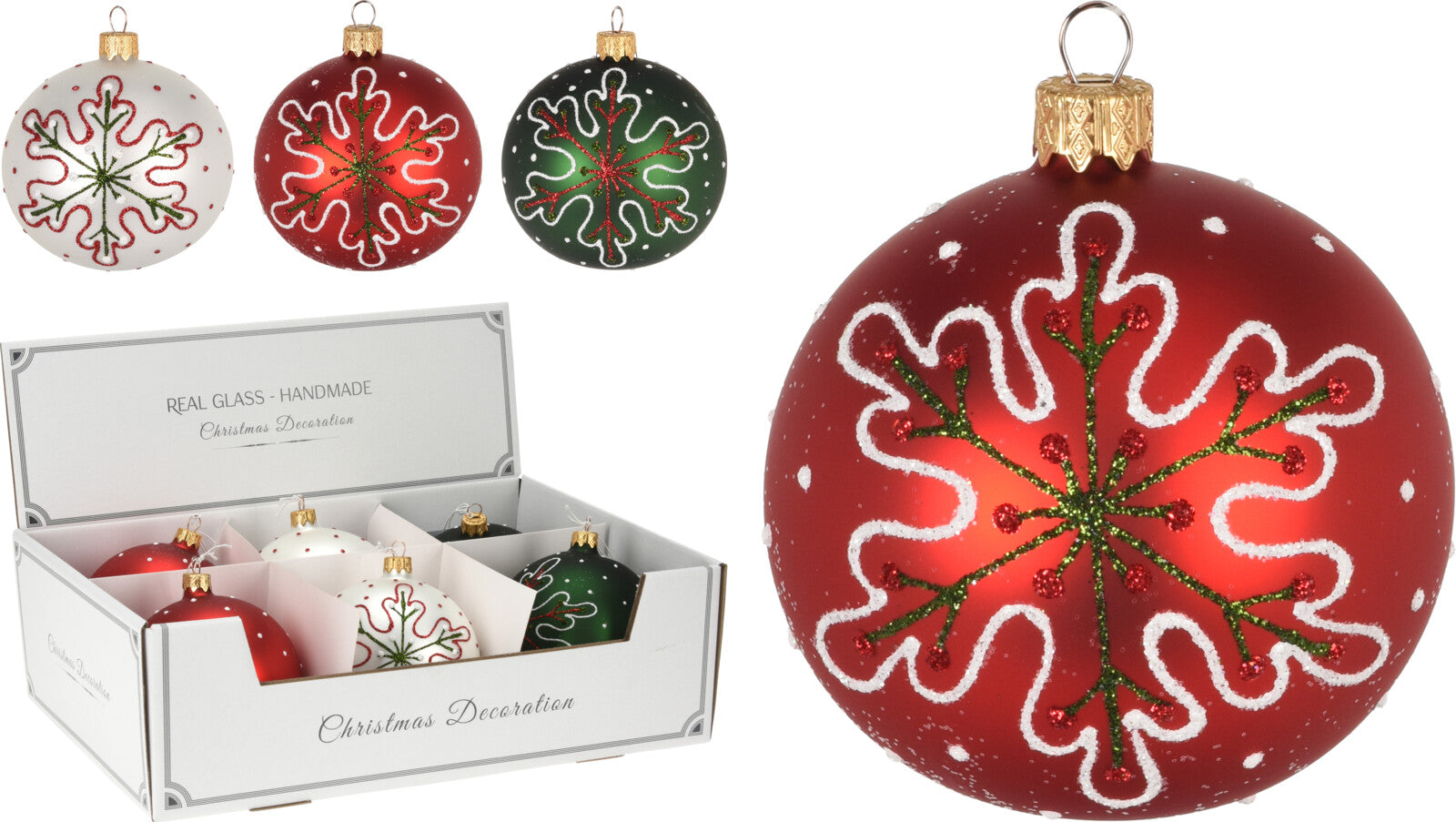 PALLINA DI VETRO DECORATA CON FIOCCHI DI NEVE 10CM ASSORTITA