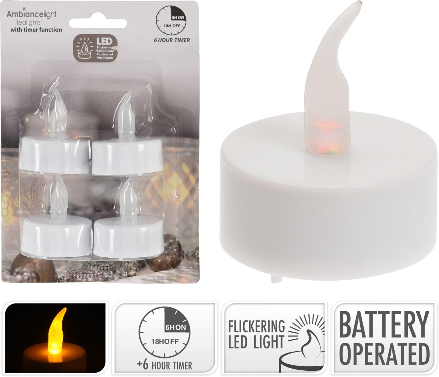 4 CANDELE A LED EFFETTO FIAMMA, Ø38MM, BIANCO CALDO