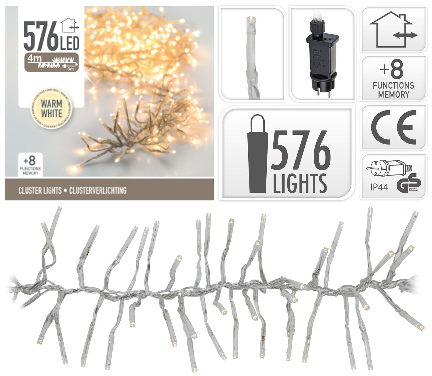 LUCI NATALE GHIRLANDA 576 LED BIANCO CALDO CON GIOCHI DI LUCE