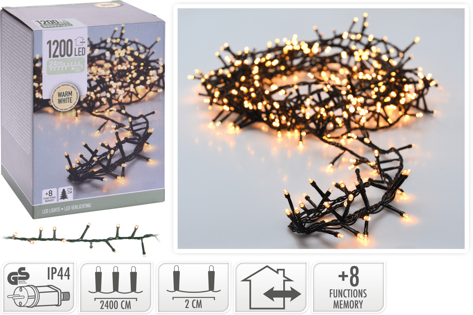 LUCI DI NATALE 1200 LED BIANCO CALDO 8 GIOCHI DI LUCE