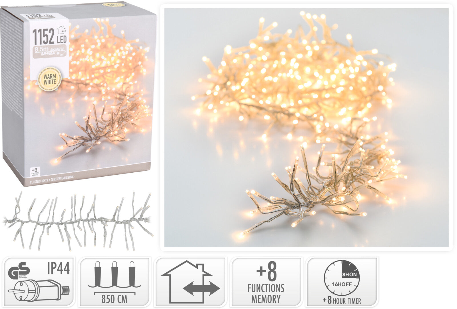 GHIRLANDA 1152 LED, BIANCO CALDO, 8,4MT, CAVO TRASPARENTE
