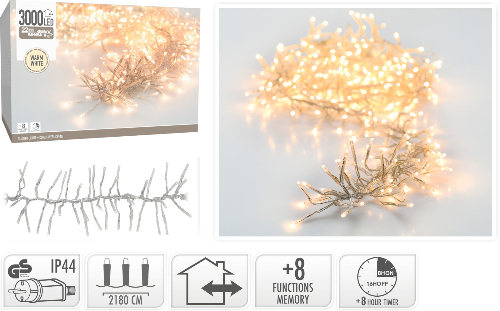 GHIRLANDA 3000 LED, BIANCO CALDO, 21,8MT, CAVO TRASPARENTE