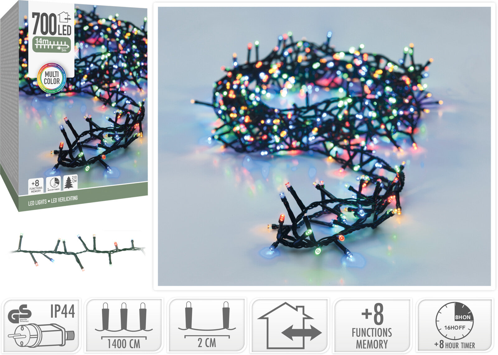 LUCI DI NATALE 700 LED, 14MT, 8 GIOCHI DI LUCE, MULTICOLORE
