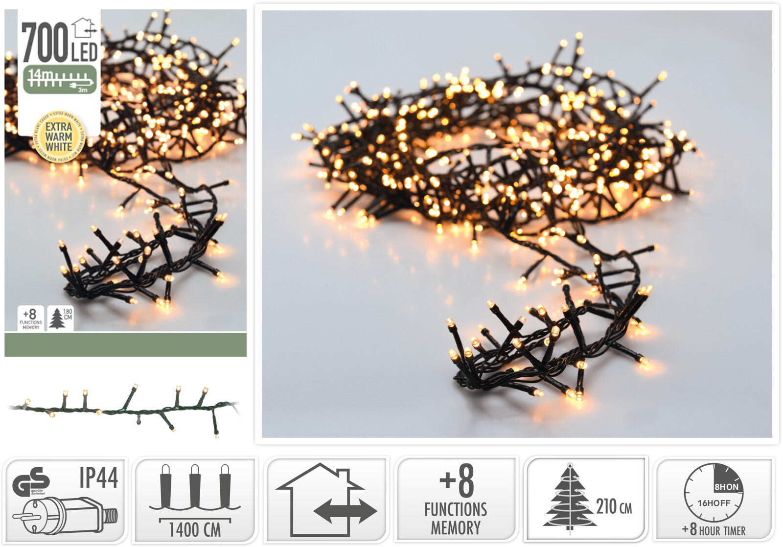 LUCI DI NATALE 700 LED, 14MT, 8 GIOCHI DI LUCE, BIANCO EXTRA CALDO