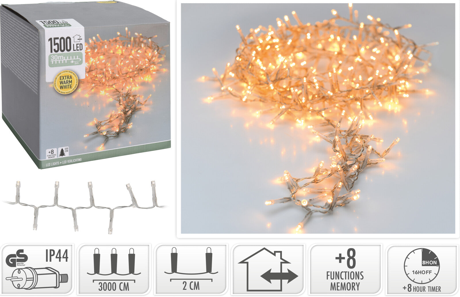 LUCI DI NATALE 1500 LED, 30MT, 8 GIOCHI DI LUCE, BIANCO EXTRA CALDO